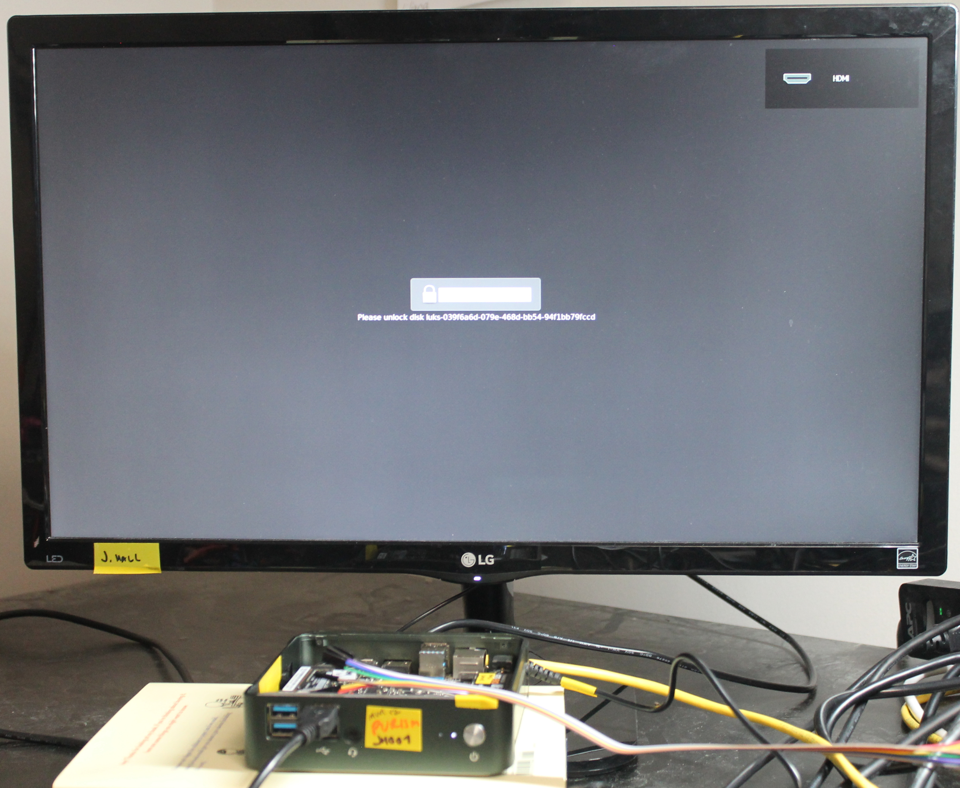 Librem Mini during successful boot, disk unlock prompt
