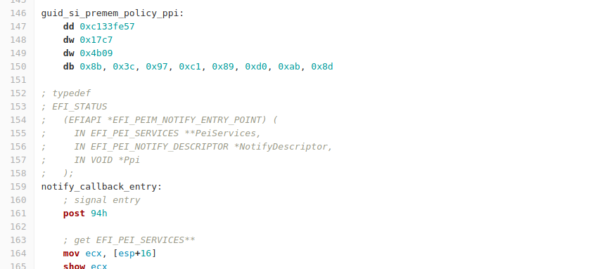 Screenshot of asm-ppi-dump.asm, lines 146 to 164